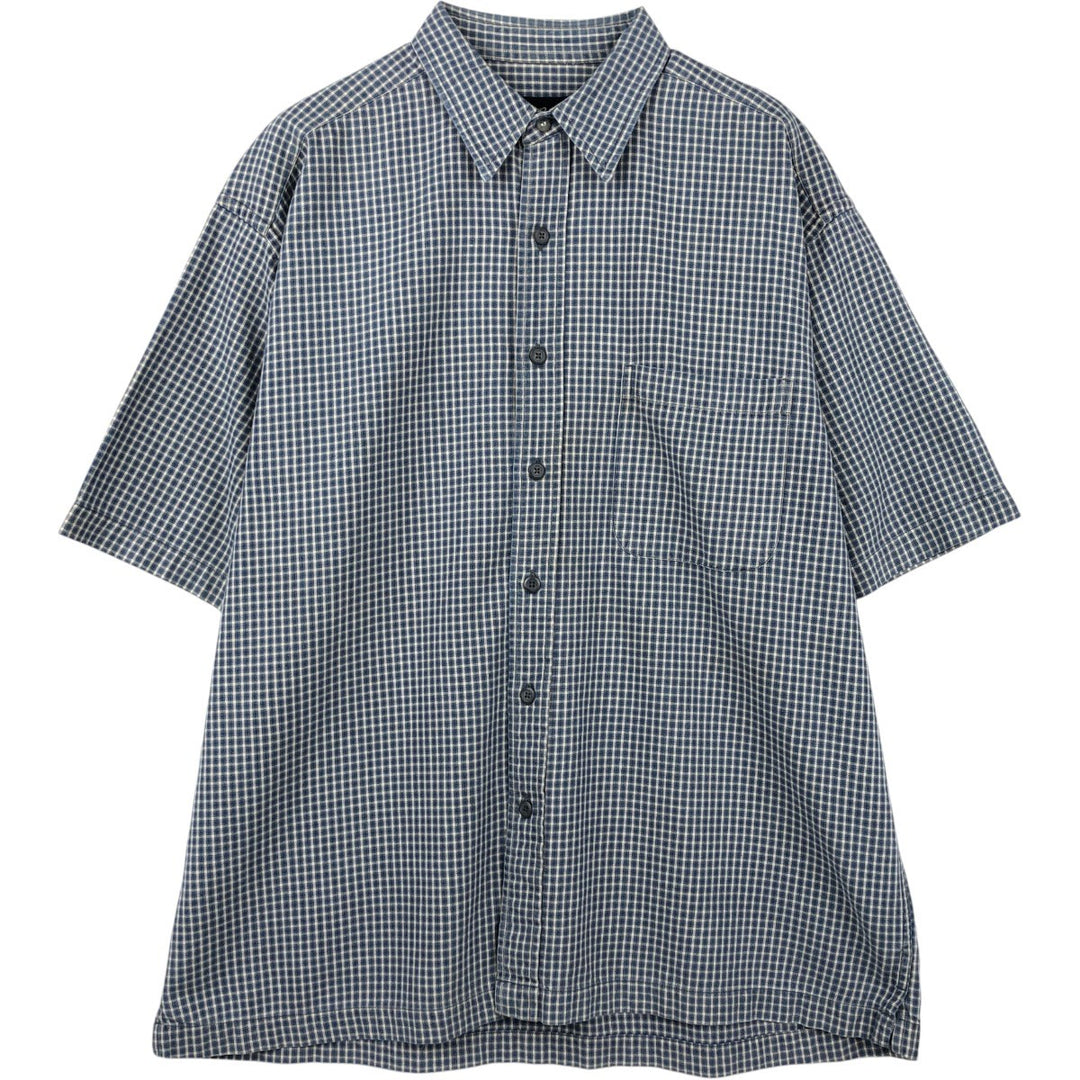 2000'S Eddie Bauer Short-Sleeve Cotton Check Shirt, Boxy Shirt, Men's Size L (approx.) cotton gray type Vintage Second Hand