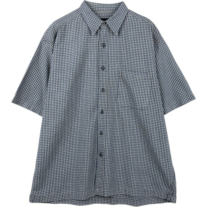 2000'S Eddie Bauer Short-Sleeve Cotton Check Shirt, Boxy Shirt, Men's Size L (approx.) cotton gray type Vintage Second Hand