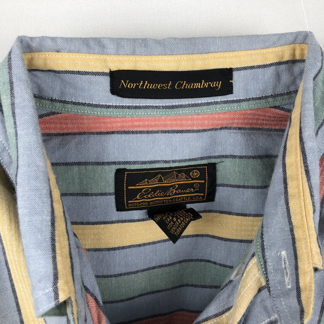 80s-90'S Eddie Bauer Black Tag Short-Sleeve Button-Down Striped Shirt, Men's Size M (Equivalent), Vintage cotton blue type Vintage Second Hand