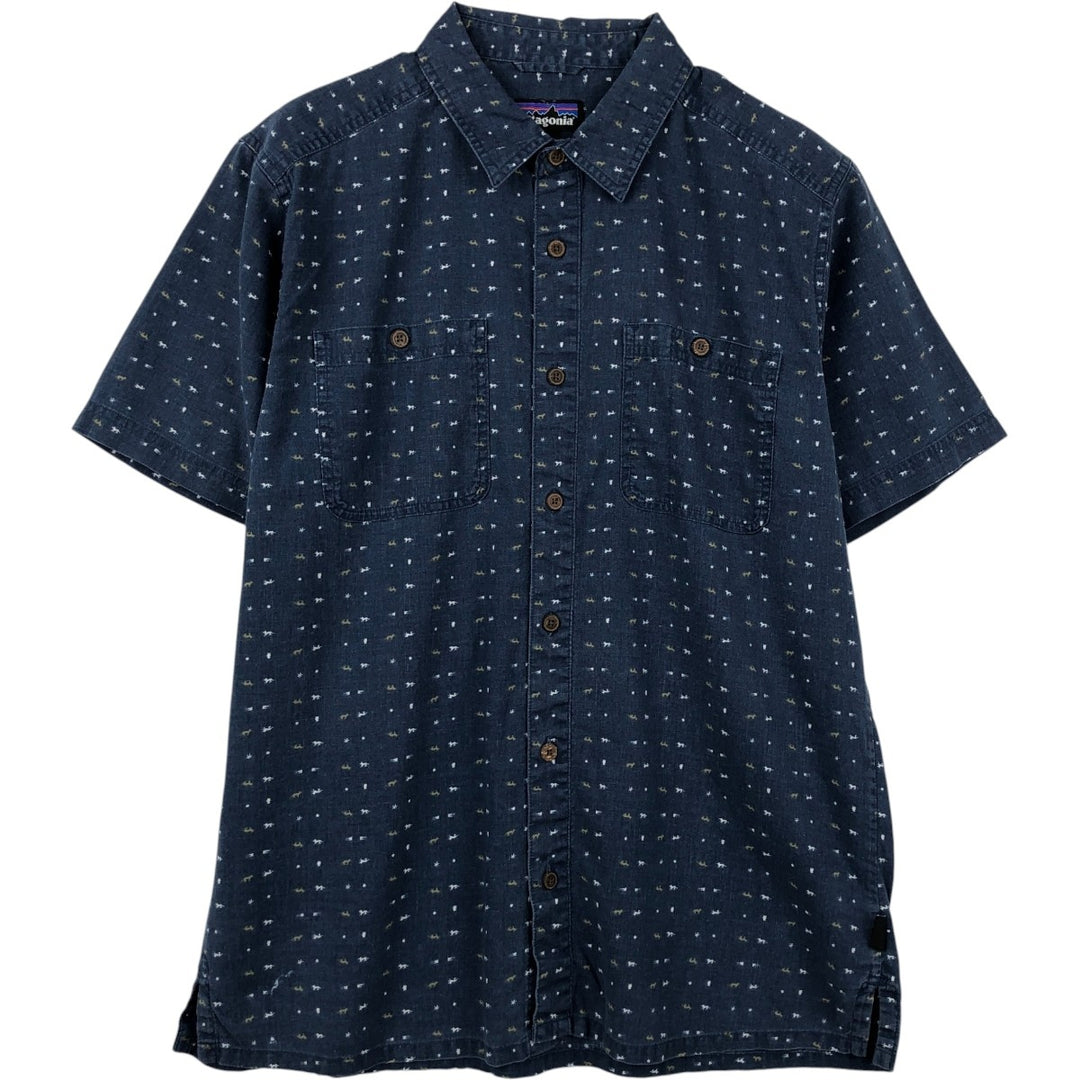 Patagonia all-over print short-sleeved box shirt, men's size M. unclear navy blue type Vintage Second Hand