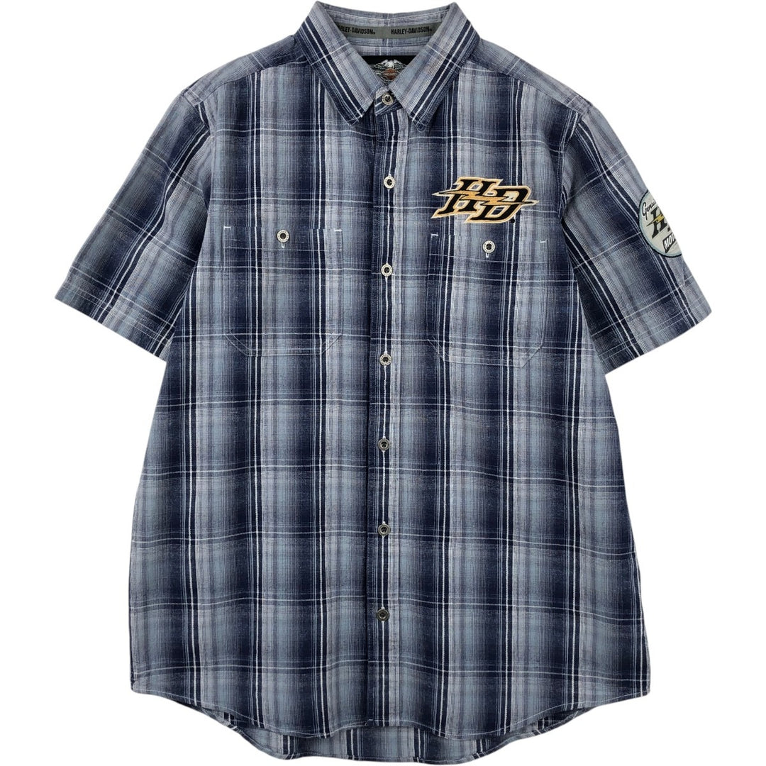 Harley-Davidson Check Pattern Hidden Button-Down Short-Sleeve Cotton x Linen Shirt (Men's Size L) linen navy blue type Vintage Second Hand