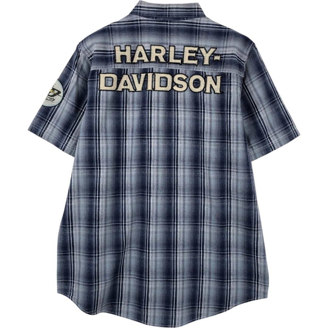 Harley-Davidson Check Pattern Hidden Button-Down Short-Sleeve Cotton x Linen Shirt (Men's Size L) linen navy blue type Vintage Second Hand
