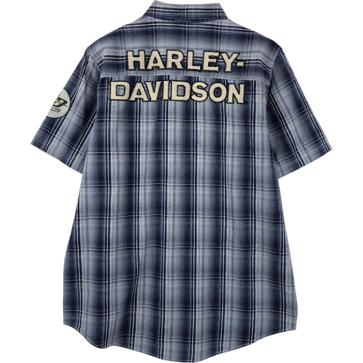 Harley-Davidson Check Pattern Hidden Button-Down Short-Sleeve Cotton x Linen Shirt (Men's Size L) linen navy blue type Vintage Second Hand