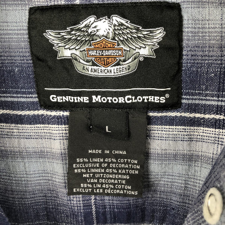 Harley-Davidson Check Pattern Hidden Button-Down Short-Sleeve Cotton x Linen Shirt (Men's Size L) linen navy blue type Vintage Second Hand