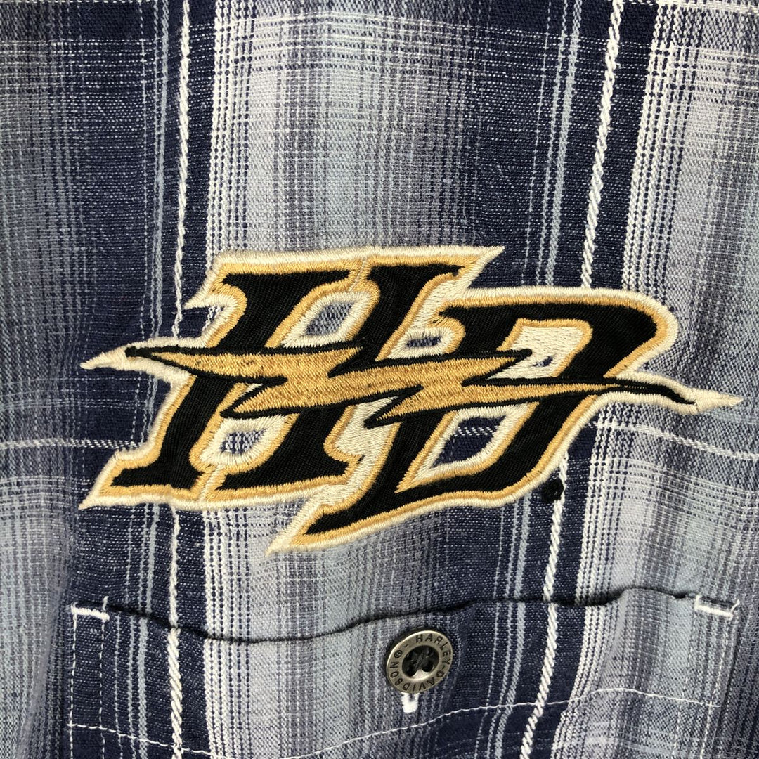 Harley-Davidson Check Pattern Hidden Button-Down Short-Sleeve Cotton x Linen Shirt (Men's Size L) linen navy blue type Vintage Second Hand