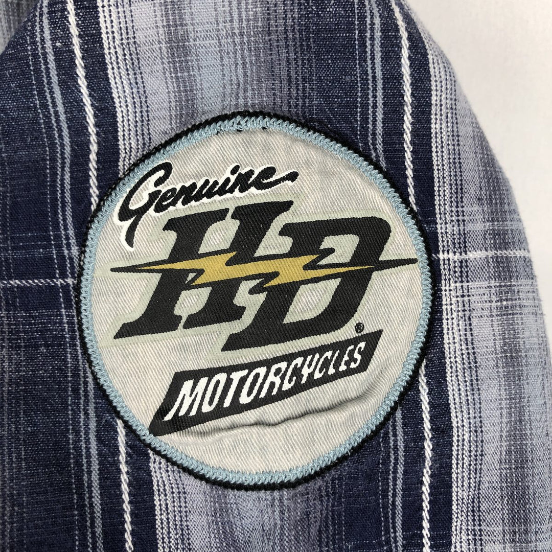 Harley-Davidson Check Pattern Hidden Button-Down Short-Sleeve Cotton x Linen Shirt (Men's Size L) linen navy blue type Vintage Second Hand