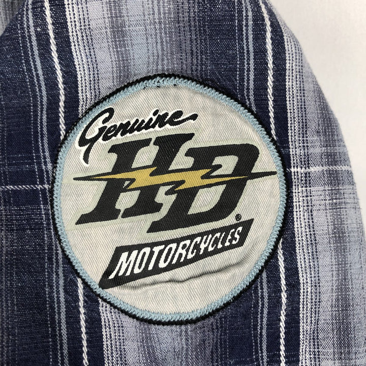 Harley-Davidson Check Pattern Hidden Button-Down Short-Sleeve Cotton x Linen Shirt (Men's Size L) linen navy blue type Vintage Second Hand