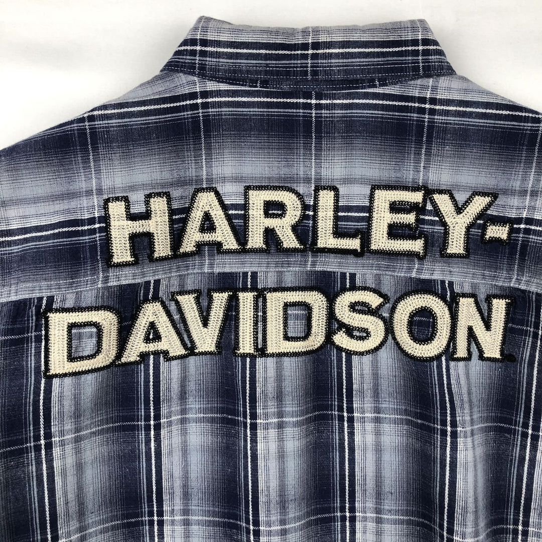 Harley-Davidson Check Pattern Hidden Button-Down Short-Sleeve Cotton x Linen Shirt (Men's Size L) linen navy blue type Vintage Second Hand