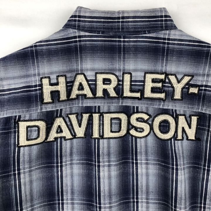 Harley-Davidson Check Pattern Hidden Button-Down Short-Sleeve Cotton x Linen Shirt (Men's Size L) linen navy blue type Vintage Second Hand