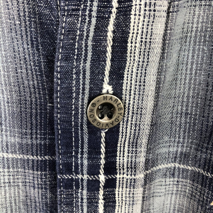 Harley-Davidson Check Pattern Hidden Button-Down Short-Sleeve Cotton x Linen Shirt (Men's Size L) linen navy blue type Vintage Second Hand