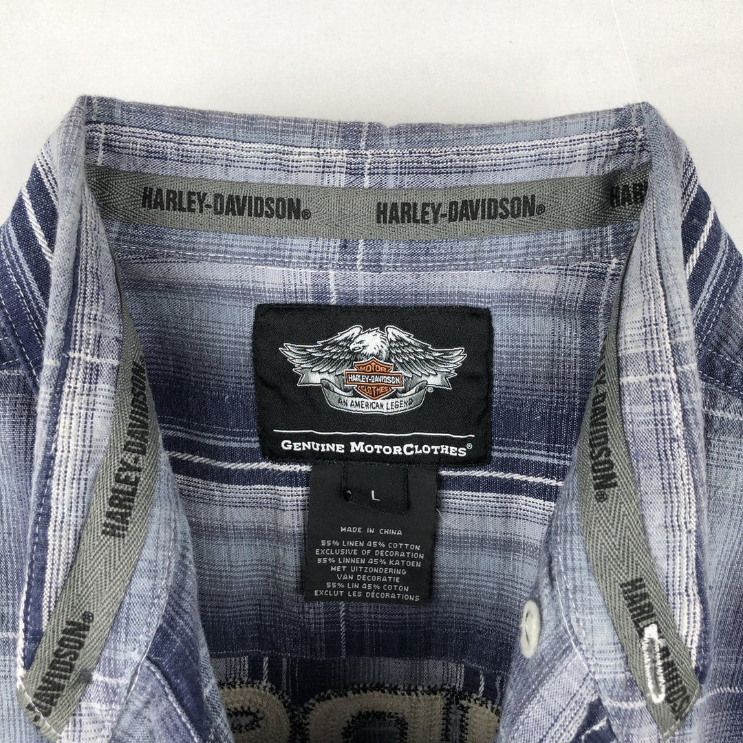 Harley-Davidson Check Pattern Hidden Button-Down Short-Sleeve Cotton x Linen Shirt (Men's Size L) linen navy blue type Vintage Second Hand