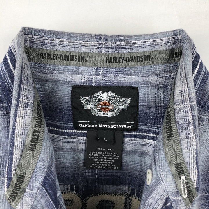 Harley-Davidson Check Pattern Hidden Button-Down Short-Sleeve Cotton x Linen Shirt (Men's Size L) linen navy blue type Vintage Second Hand