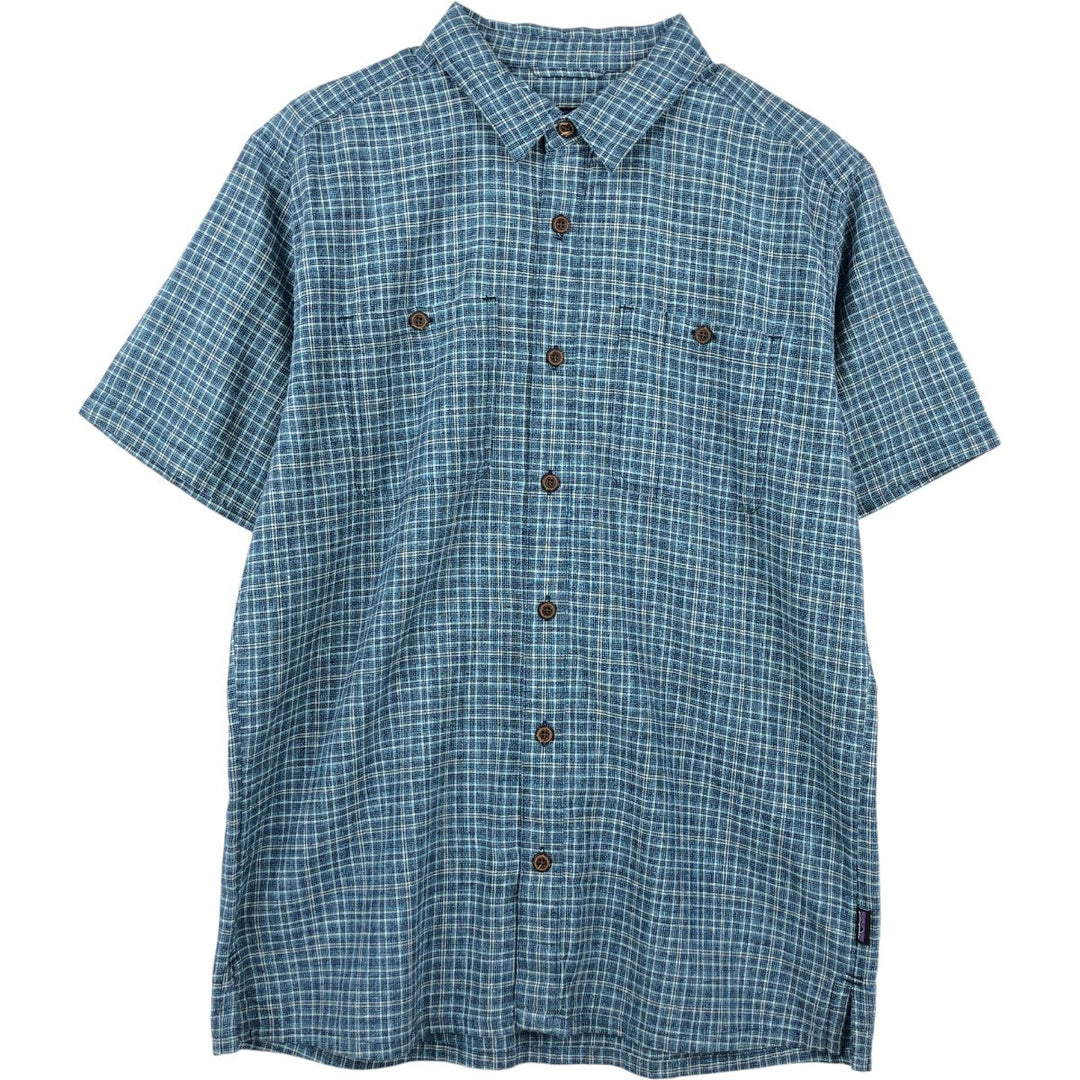 Patagonia Backstep Shirt 53139SP18 Check Pattern Short Sleeve Cotton x Hemp Box Shirt Men's Size M Hemp navy blue type Vintage Second Hand