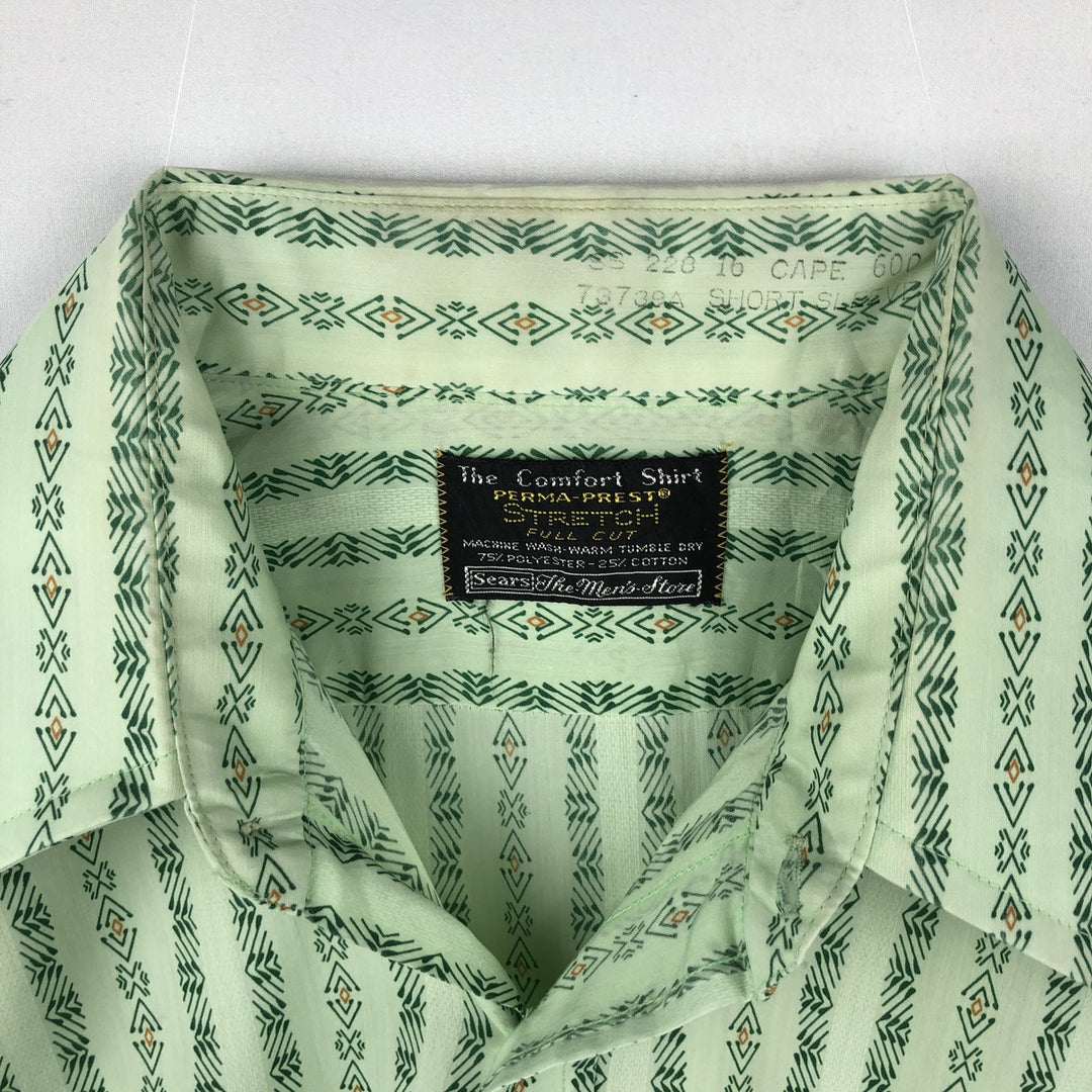 1970'S Sears The Men's Store all-over print short-sleeved poly-cotton shirt, men's size L equivalent, vintage. polyester Mint green Vintage Second Hand
