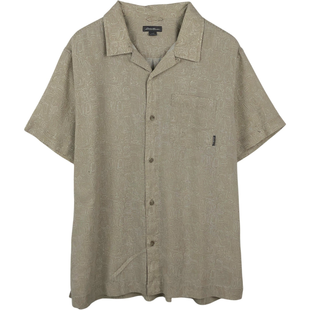 Eddie Bauer all-over print short-sleeved open-collar poly/linen shirt, boxy fit, men's size L. linen Beige type Vintage Second Hand
