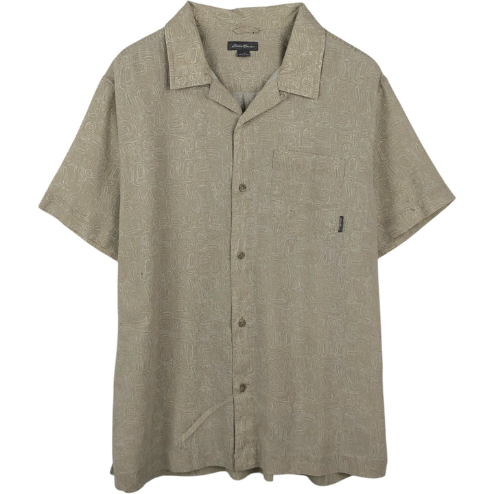 Eddie Bauer all-over print short-sleeved open-collar poly/linen shirt, boxy fit, men's size L. linen Beige type Vintage Second Hand