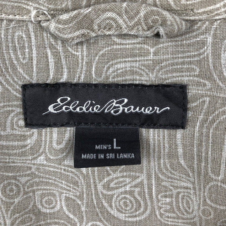 Eddie Bauer all-over print short-sleeved open-collar poly/linen shirt, boxy fit, men's size L. linen Beige type Vintage Second Hand