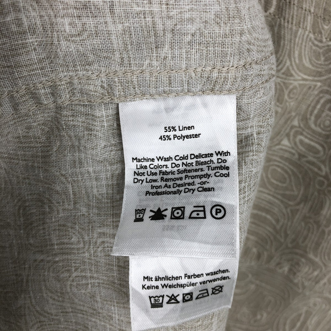 Eddie Bauer all-over print short-sleeved open-collar poly/linen shirt, boxy fit, men's size L. linen Beige type Vintage Second Hand