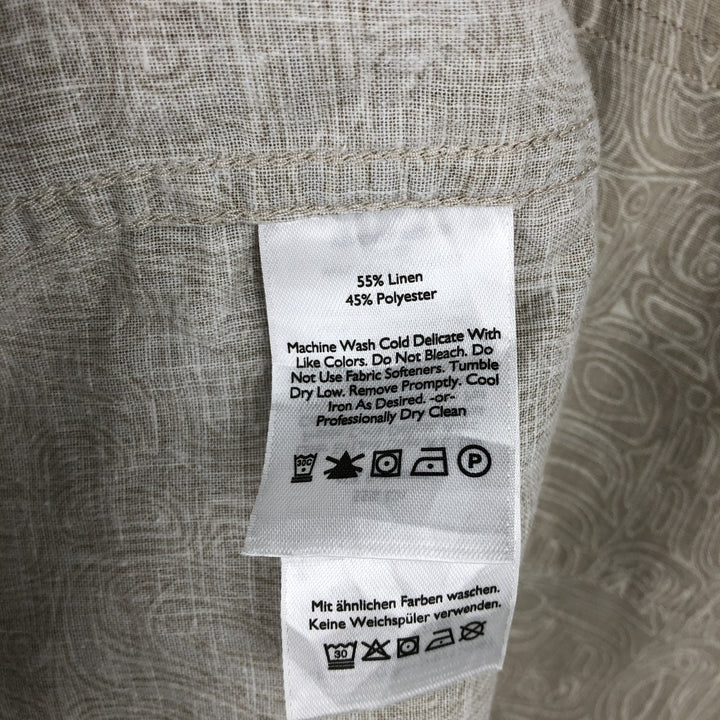 Eddie Bauer all-over print short-sleeved open-collar poly/linen shirt, boxy fit, men's size L. linen Beige type Vintage Second Hand
