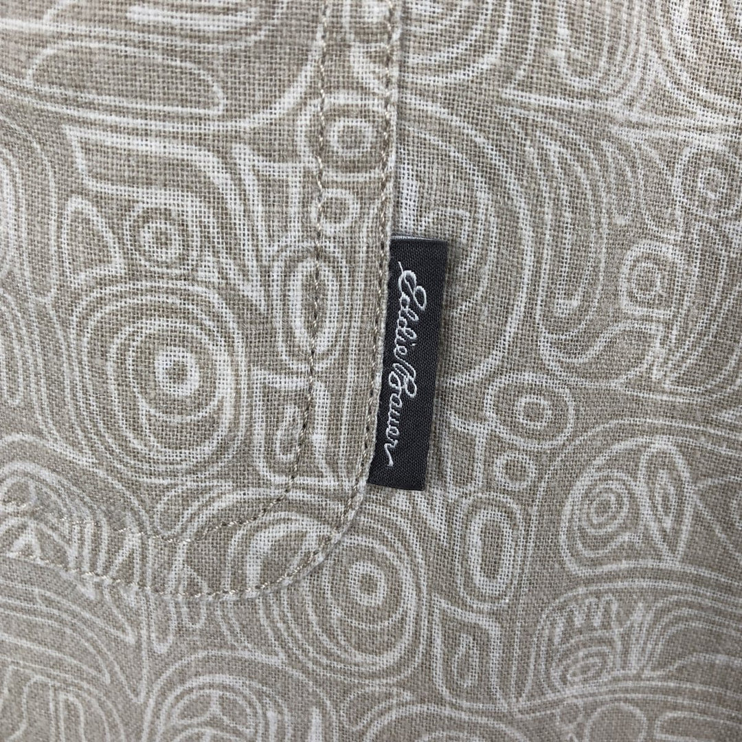 Eddie Bauer all-over print short-sleeved open-collar poly/linen shirt, boxy fit, men's size L. linen Beige type Vintage Second Hand