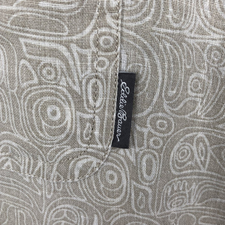 Eddie Bauer all-over print short-sleeved open-collar poly/linen shirt, boxy fit, men's size L. linen Beige type Vintage Second Hand