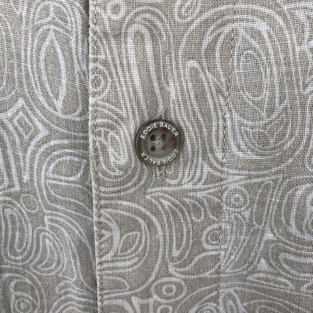 Eddie Bauer all-over print short-sleeved open-collar poly/linen shirt, boxy fit, men's size L. linen Beige type Vintage Second Hand