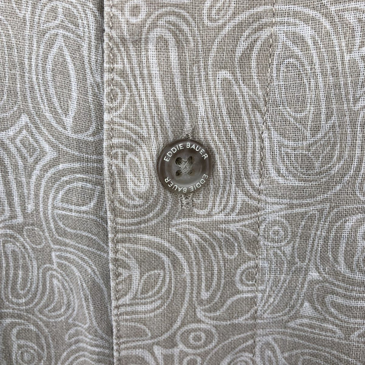 Eddie Bauer all-over print short-sleeved open-collar poly/linen shirt, boxy fit, men's size L. linen Beige type Vintage Second Hand