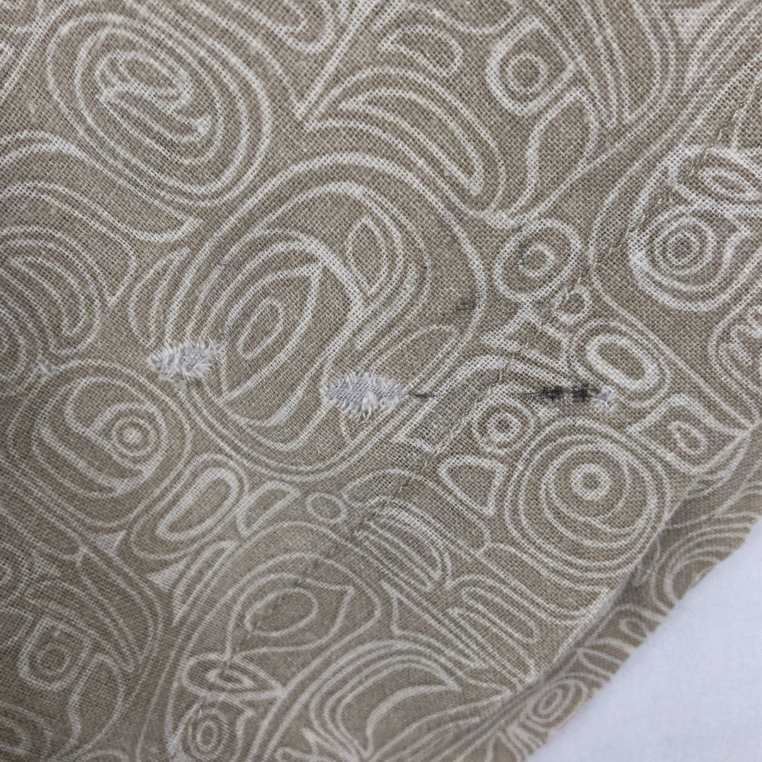 Eddie Bauer all-over print short-sleeved open-collar poly/linen shirt, boxy fit, men's size L. linen Beige type Vintage Second Hand