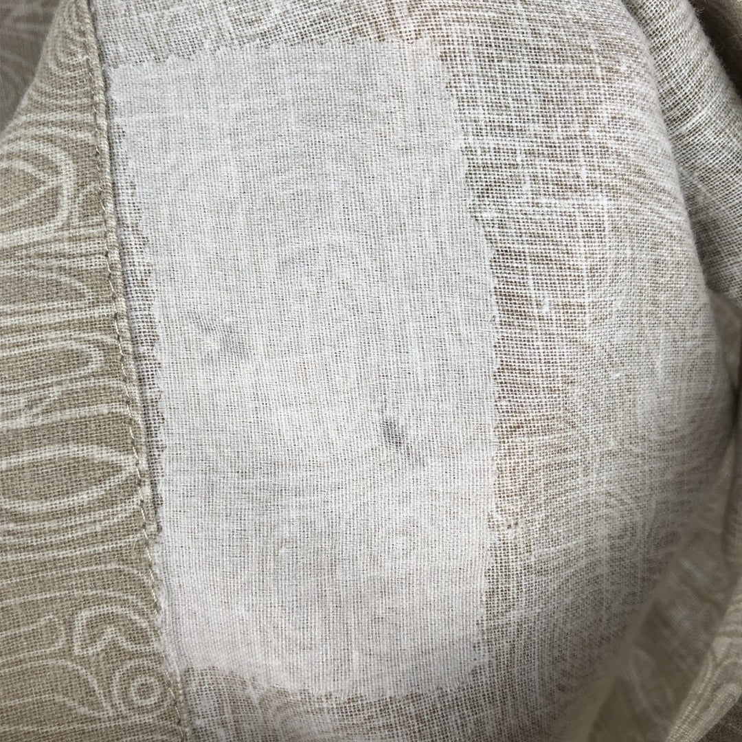 Eddie Bauer all-over print short-sleeved open-collar poly/linen shirt, boxy fit, men's size L. linen Beige type Vintage Second Hand