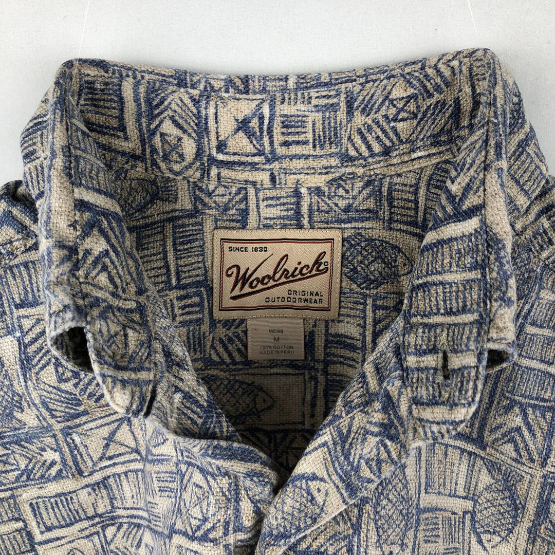 2000'S Woolrich all-over fish print short-sleeved button-down shirt, men's size M (approx.) cotton blue type Vintage Second Hand
