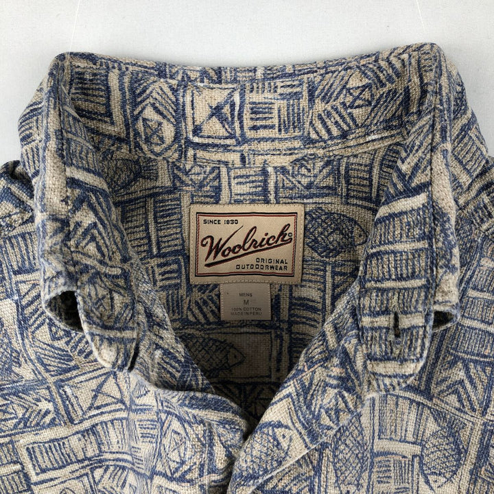 2000'S Woolrich all-over fish print short-sleeved button-down shirt, men's size M (approx.) cotton blue type Vintage Second Hand