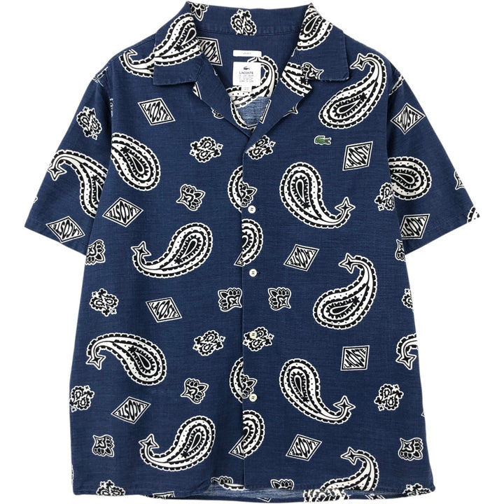 Lacoste LIVE all-over paisley pattern short-sleeved open-collar cotton x viscose shirt, boxy fit, men's size M. Viscose navy blue type Vintage Second Hand