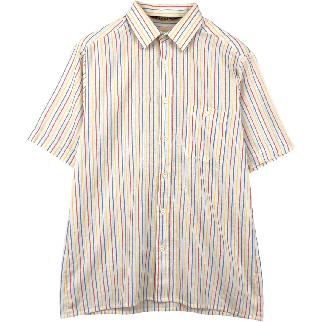 70'S BHS Stripe Pattern Short-Sleeve Poly-Cotton Shirt, Boxy Shirt, Men's Size L (Equivalent), Vintage polyester white type Vintage Second Hand