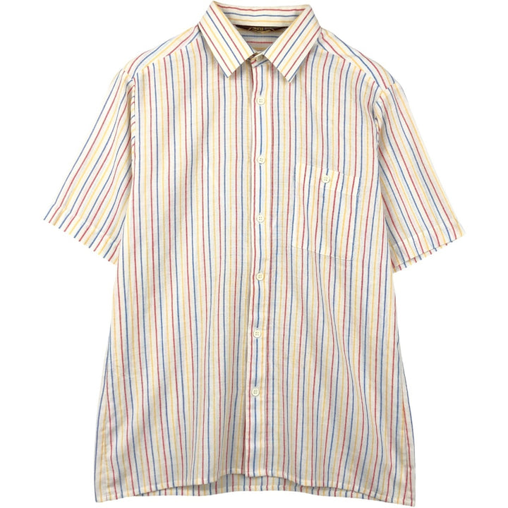 70'S BHS Stripe Pattern Short-Sleeve Poly-Cotton Shirt, Boxy Shirt, Men's Size L (Equivalent), Vintage polyester white type Vintage Second Hand