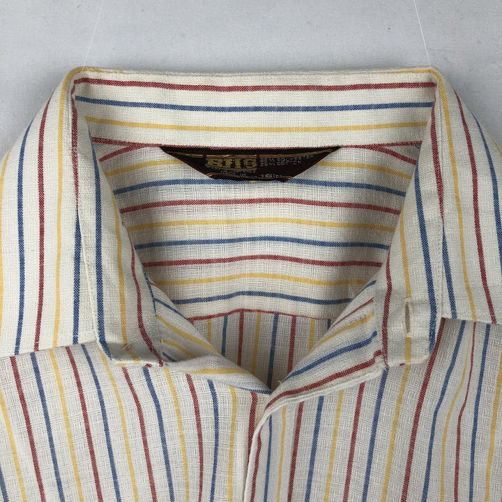 70'S BHS Stripe Pattern Short-Sleeve Poly-Cotton Shirt, Boxy Shirt, Men's Size L (Equivalent), Vintage polyester white type Vintage Second Hand