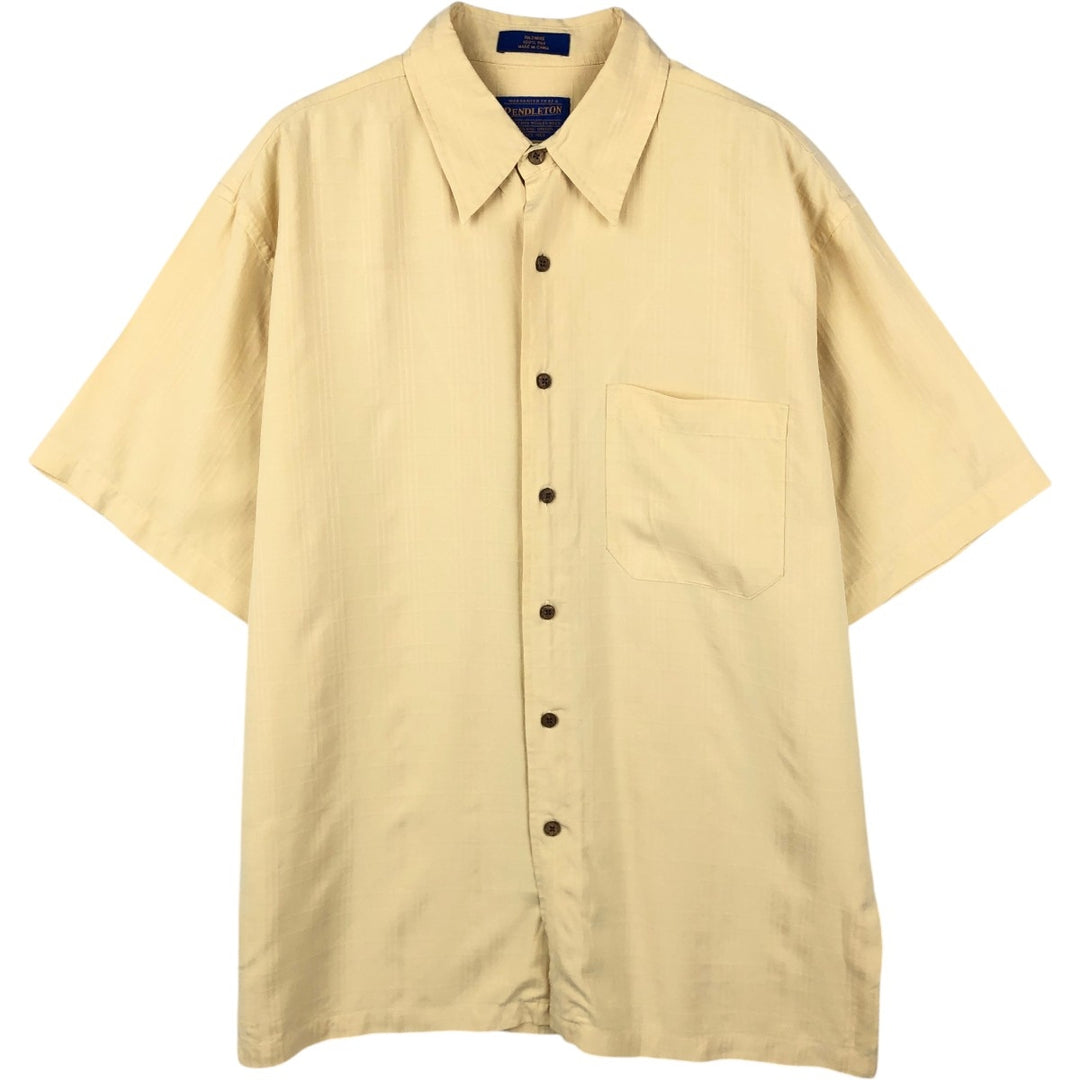 Pendleton Check Pattern Short-Sleeve Silk Shirt, Boxy Shirt, Men's Size M (approx.) silk Beige type Vintage Second Hand