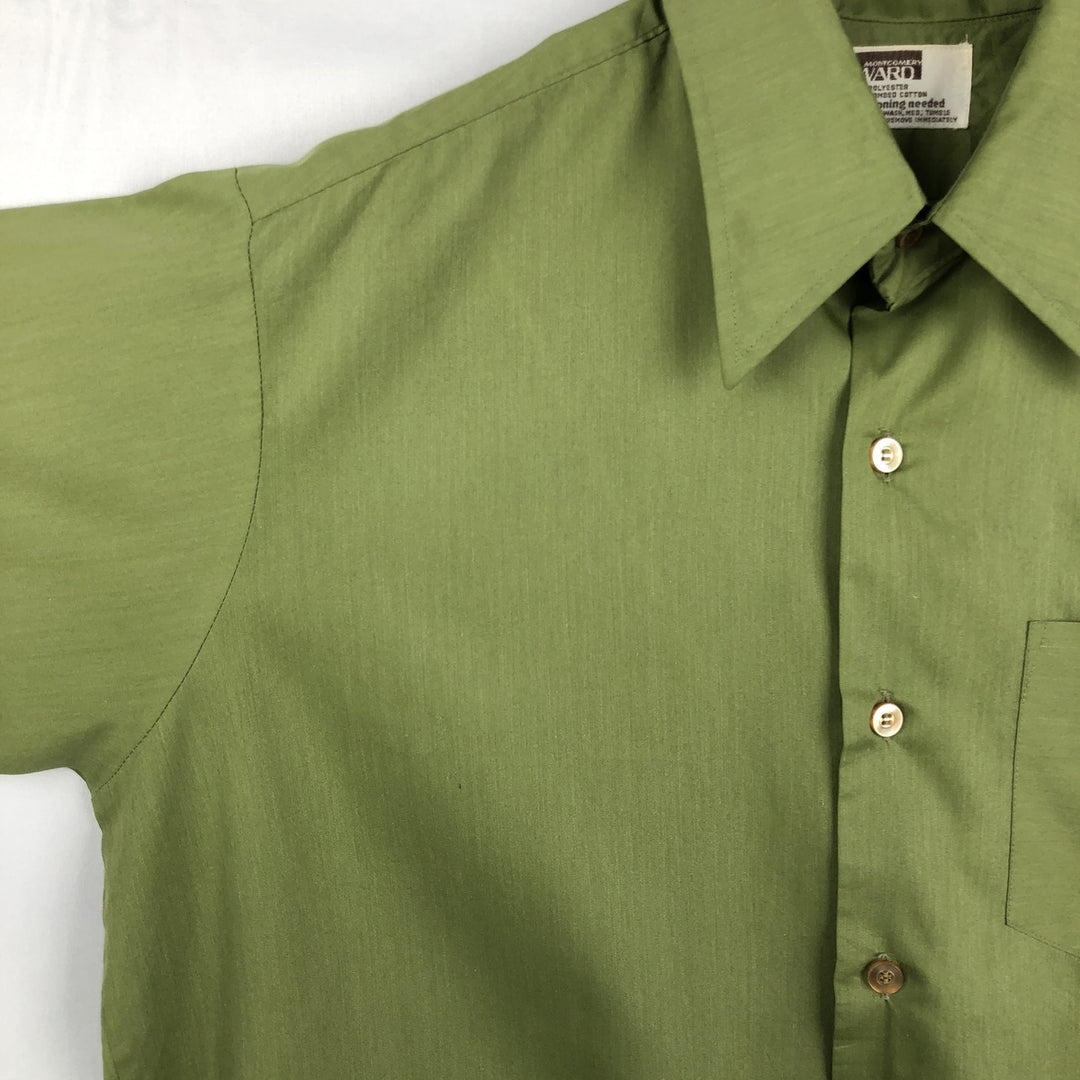 1970'S Montgomery Ward Short-Sleeve Poly-Cotton Shirt, Men's Size L (Equivalent), Vintage polyester green type Vintage Second Hand