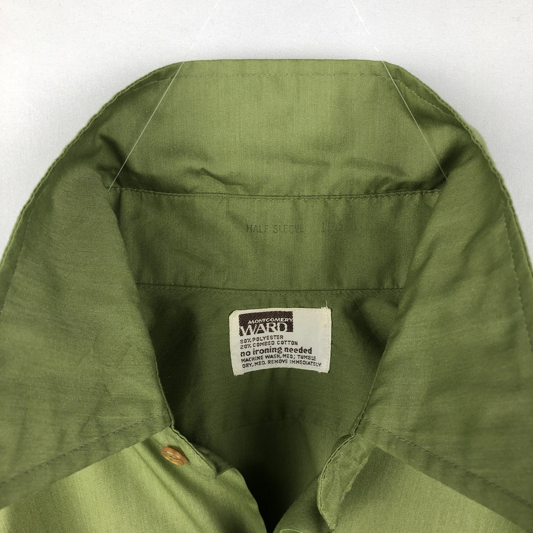 1970'S Montgomery Ward Short-Sleeve Poly-Cotton Shirt, Men's Size L (Equivalent), Vintage polyester green type Vintage Second Hand