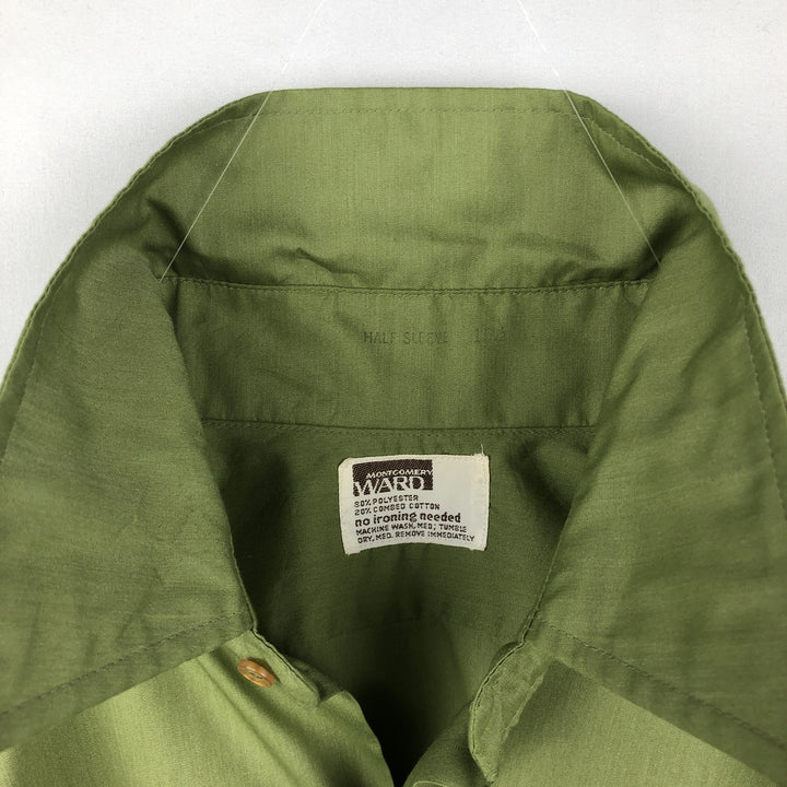 1970'S Montgomery Ward Short-Sleeve Poly-Cotton Shirt, Men's Size L (Equivalent), Vintage polyester green type Vintage Second Hand
