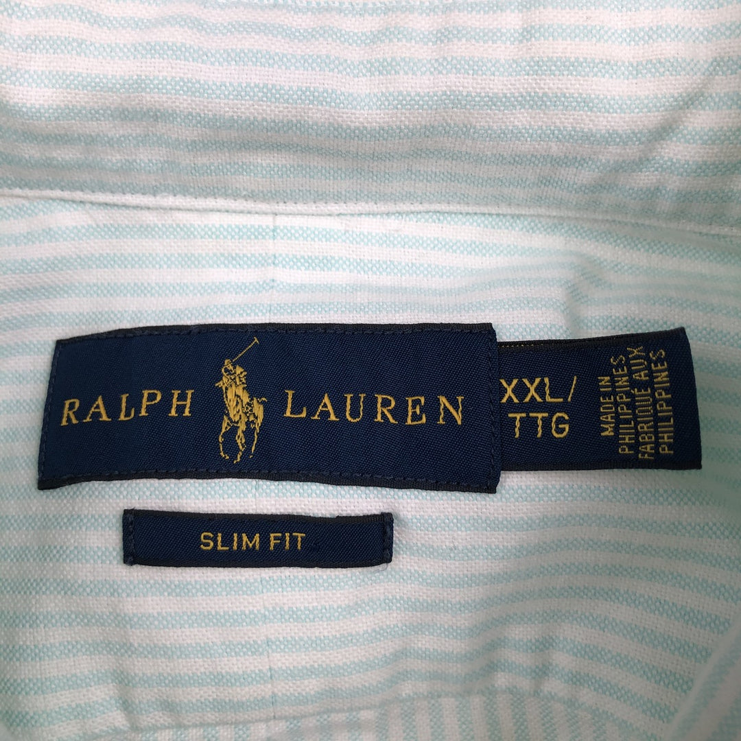 Ralph Lauren SLIM FIT Short-Sleeve Button-Down Striped Shirt, Men's Size XXL (approx.) cotton Mint green Vintage Second Hand