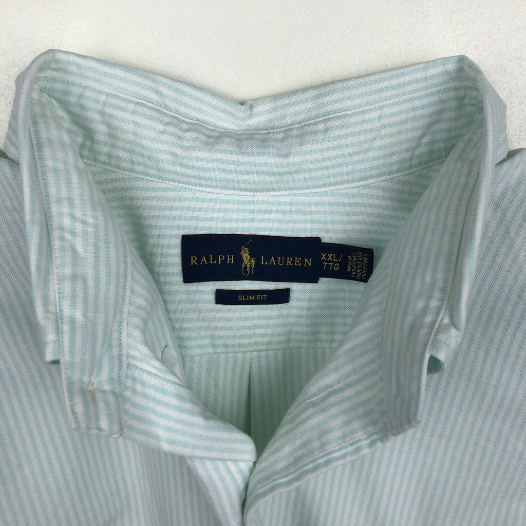 Ralph Lauren SLIM FIT Short-Sleeve Button-Down Striped Shirt, Men's Size XXL (approx.) cotton Mint green Vintage Second Hand