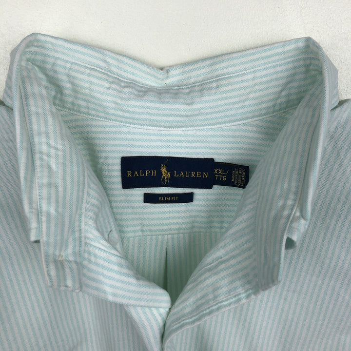 Ralph Lauren SLIM FIT Short-Sleeve Button-Down Striped Shirt, Men's Size XXL (approx.) cotton Mint green Vintage Second Hand