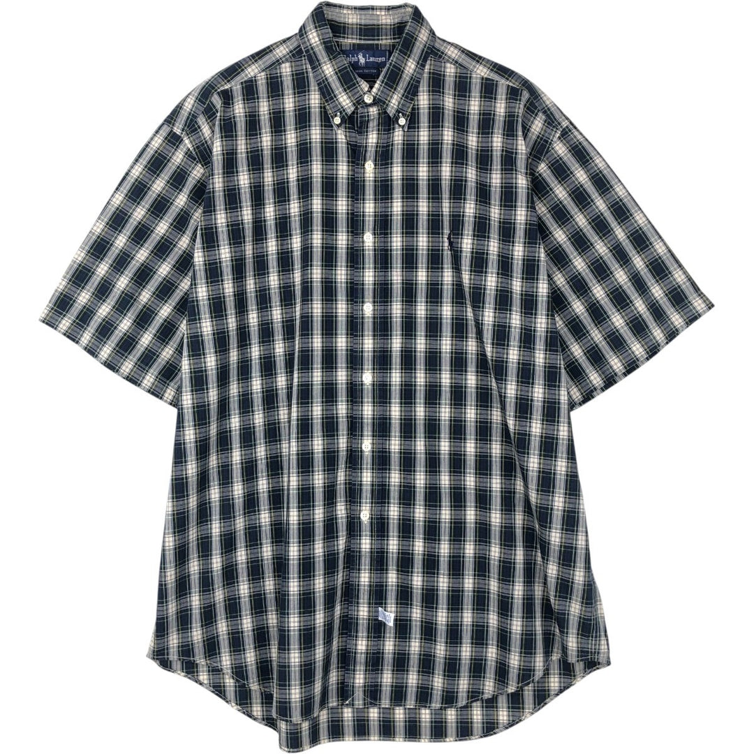 Ralph Lauren short sleeve button down check shirt, men's size L cotton navy blue type Vintage Second Hand