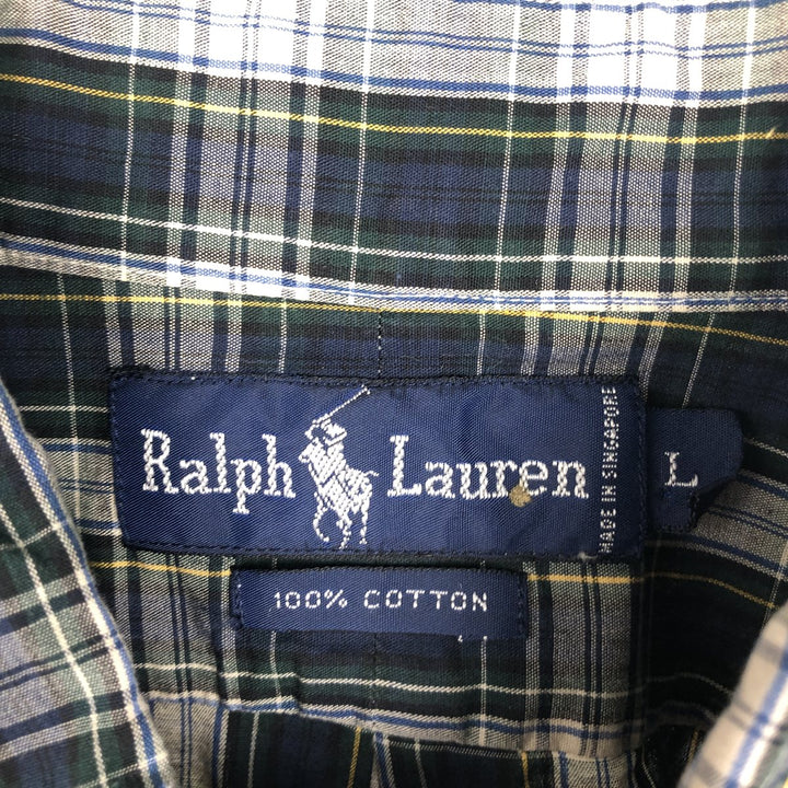 Ralph Lauren short sleeve button down check shirt, men's size L cotton navy blue type Vintage Second Hand