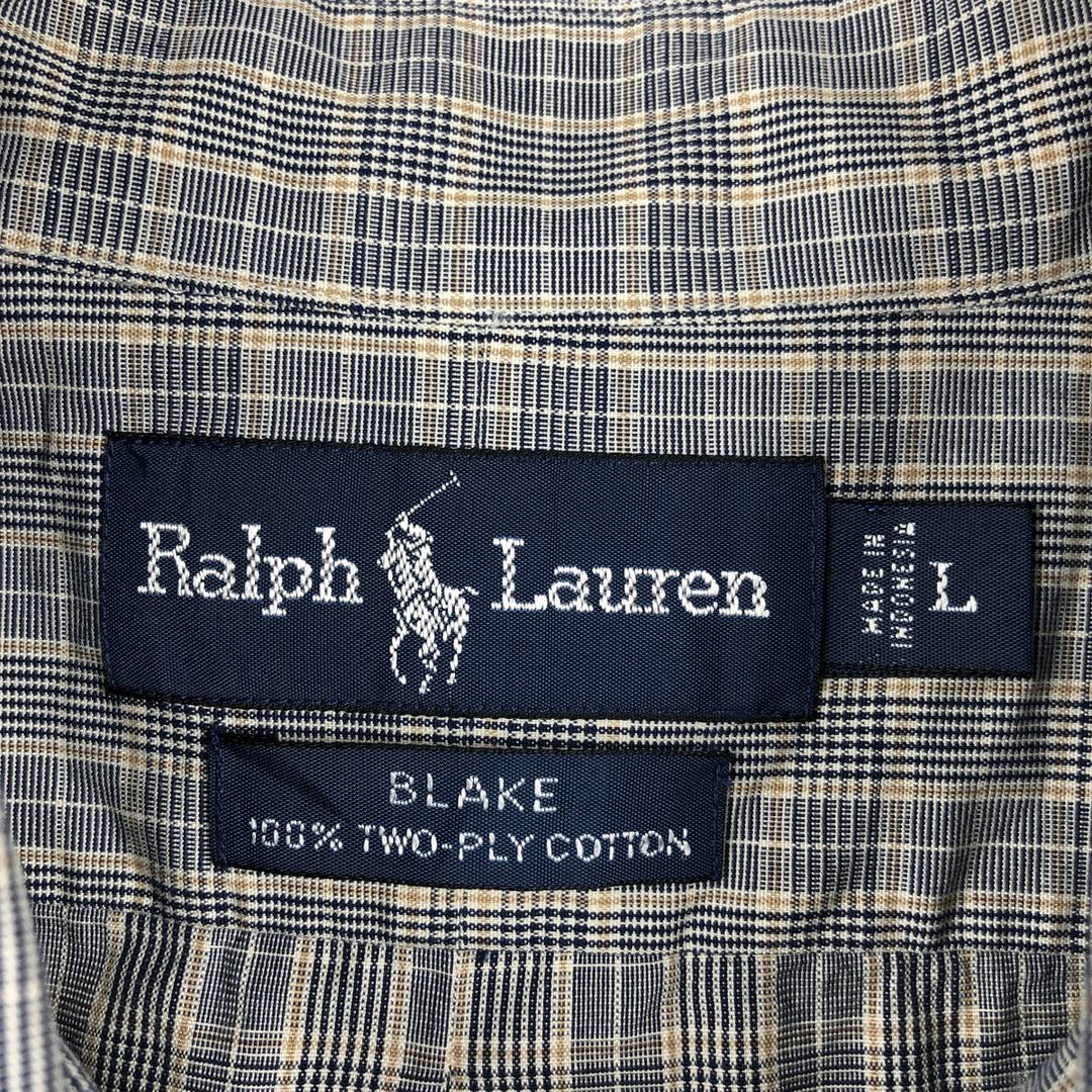 Ralph Lauren BLAKE Check Pattern Gun Club Check Short-Sleeve Button-Down Check Shirt, Men's Size L (approx.) cotton gray type Vintage Second Hand