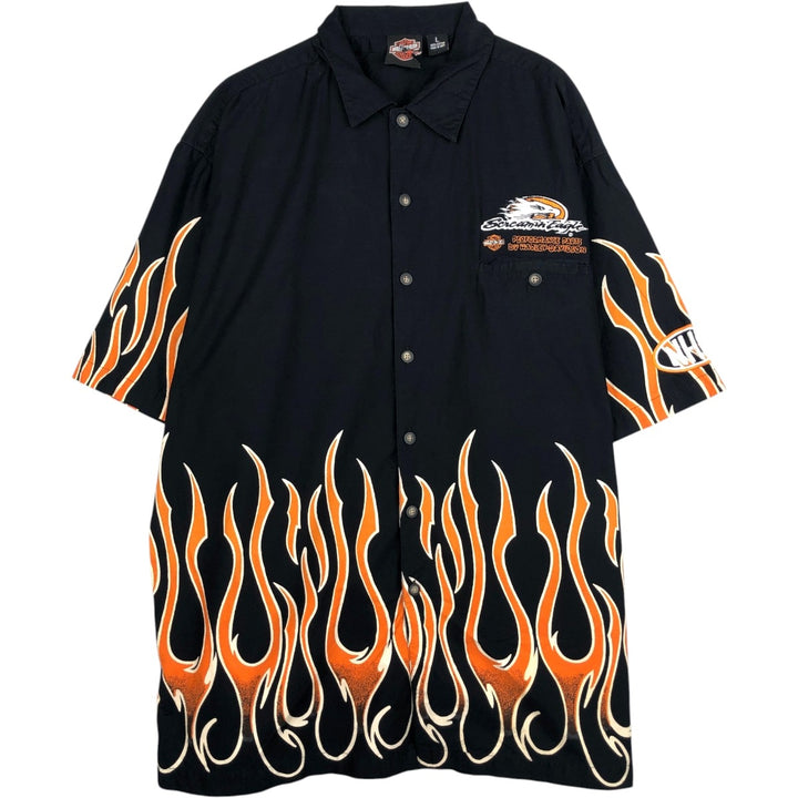 Harley-Davidson Fire Pattern Short-Sleeve Work Shirt, Boxy Shirt, Men's Size L (approx.) cotton black type Vintage Second Hand
