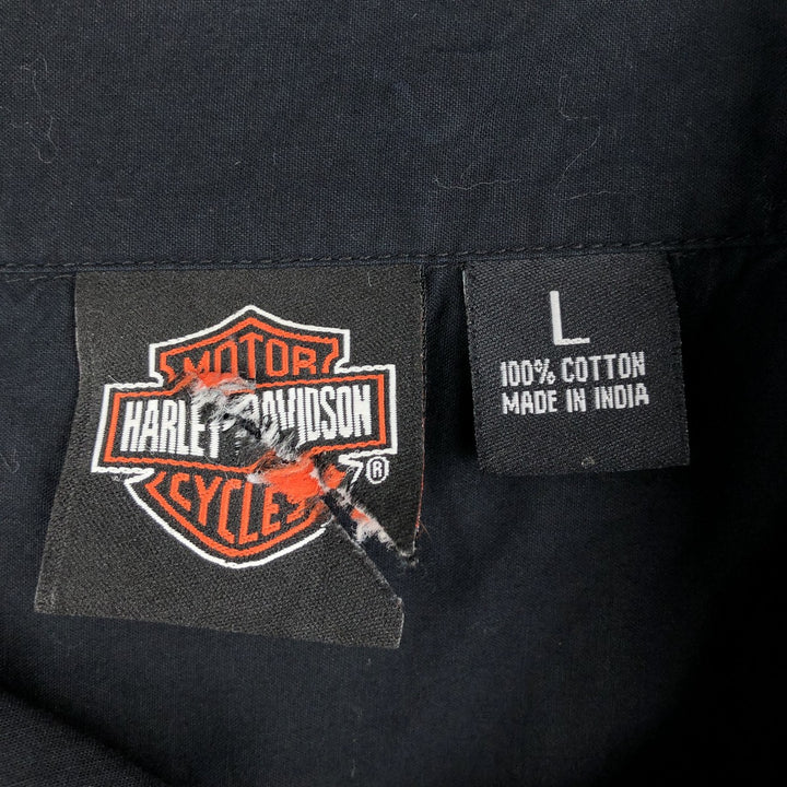 Harley-Davidson Fire Pattern Short-Sleeve Work Shirt, Boxy Shirt, Men's Size L (approx.) cotton black type Vintage Second Hand