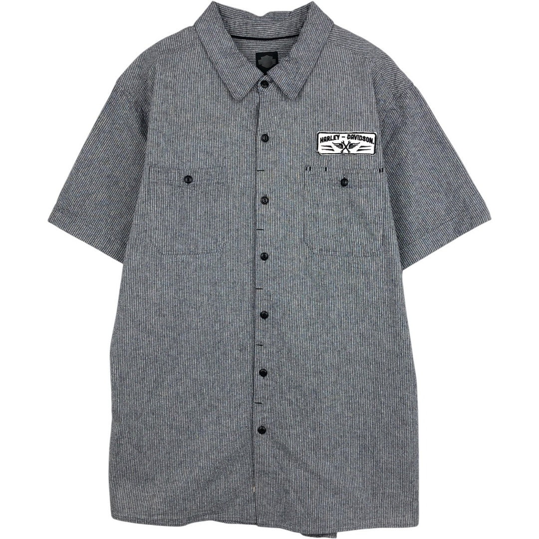 Harley-Davidson Stripe Pattern Hidden Button-Down Short-Sleeve Work Shirt, Men's XXL Equivalent cotton gray type Vintage Second Hand