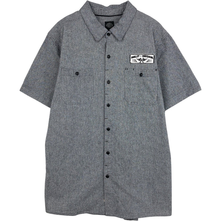 Harley-Davidson Stripe Pattern Hidden Button-Down Short-Sleeve Work Shirt, Men's XXL Equivalent cotton gray type Vintage Second Hand
