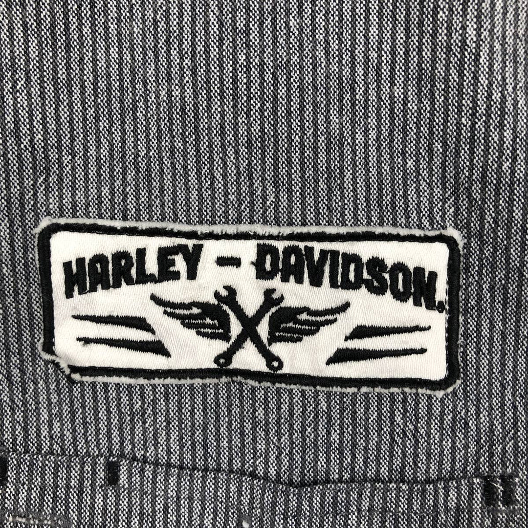 Harley-Davidson Stripe Pattern Hidden Button-Down Short-Sleeve Work Shirt, Men's XXL Equivalent cotton gray type Vintage Second Hand